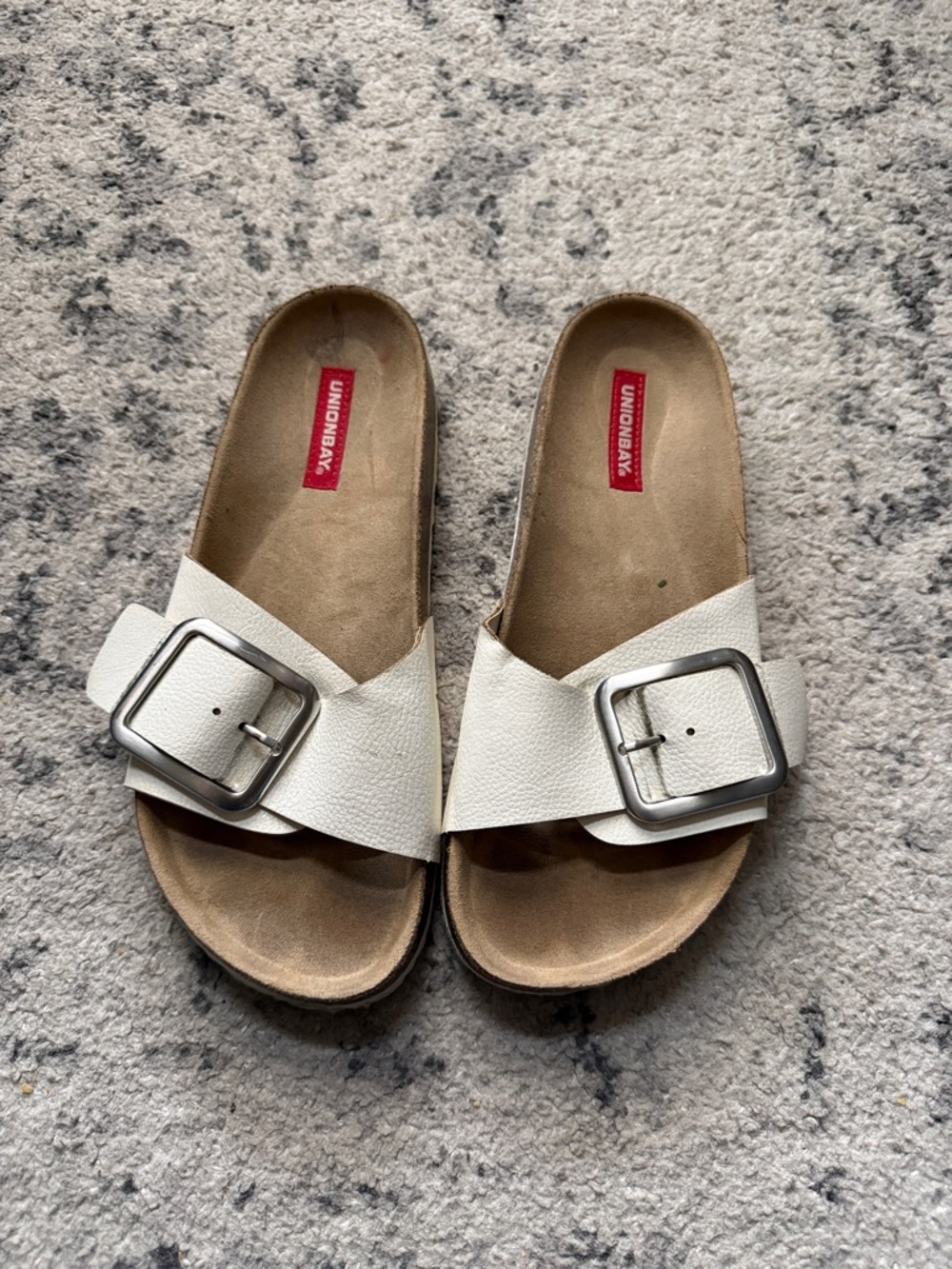 UNIONBAY White Slide Sandals with Silver Buckles